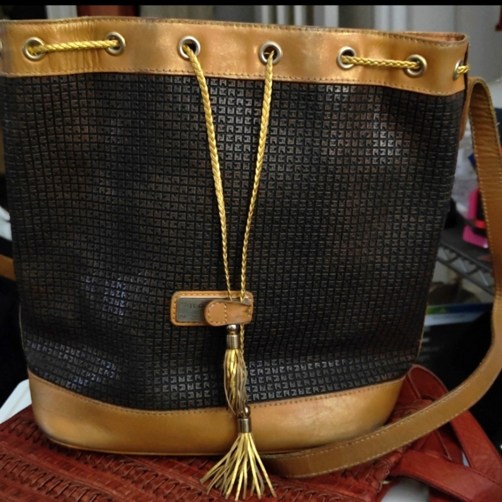 TED LAPIDUS Paris Monogram Leather Drawstring Bucket Crossbody Shoulder Bag